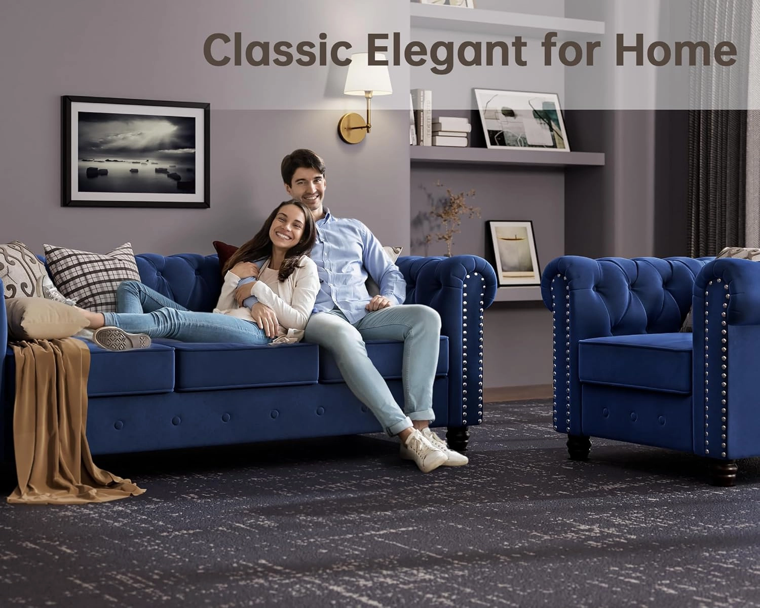 Morden Fort Classic Chesterfield Loveseat Set 60'', Tufted Loveseat Sofa Set with Solid Wood Legs Thick Cushion, Pet-Friendly 2-Seater Sofa Couch for Living Room Bedroom Apartment - Velvet Blue