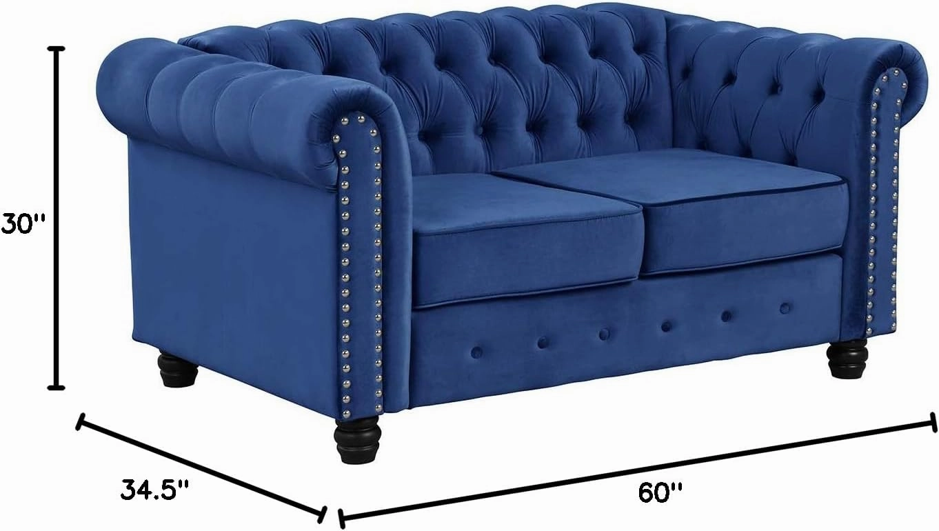 Morden Fort Classic Chesterfield Loveseat Set 60'', Tufted Loveseat Sofa Set with Solid Wood Legs Thick Cushion, Pet-Friendly 2-Seater Sofa Couch for Living Room Bedroom Apartment - Velvet Blue