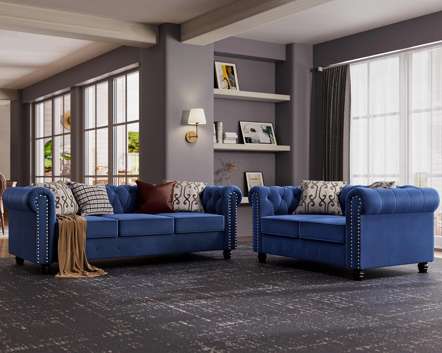 Morden Fort Classic Chesterfield Loveseat Set 60'', Tufted Loveseat Sofa Set with Solid Wood Legs Thick Cushion, Pet-Friendly 2-Seater Sofa Couch for Living Room Bedroom Apartment - Velvet Blue