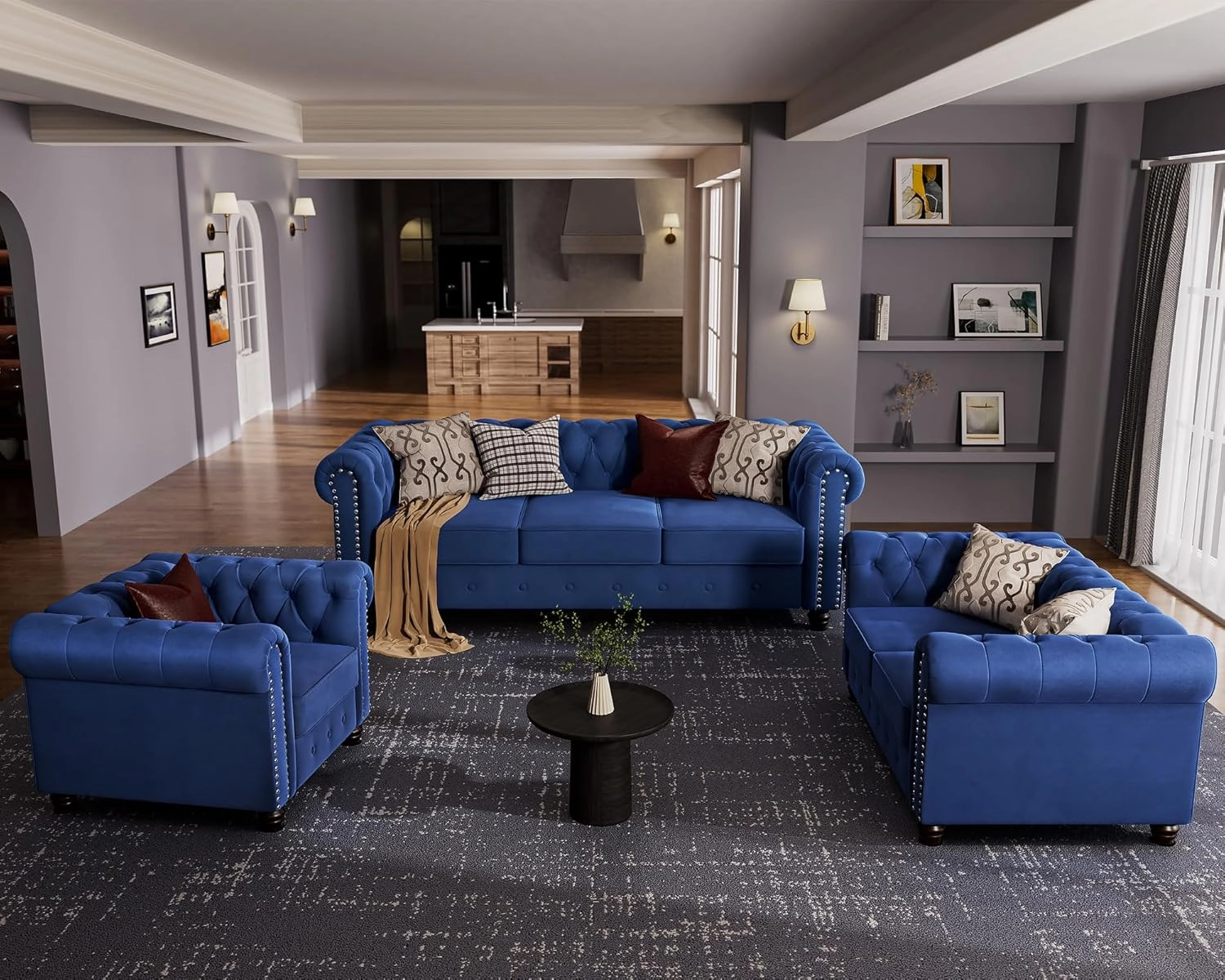 Morden Fort Classic Chesterfield Loveseat Set 60'', Tufted Loveseat Sofa Set with Solid Wood Legs Thick Cushion, Pet-Friendly 2-Seater Sofa Couch for Living Room Bedroom Apartment - Velvet Blue