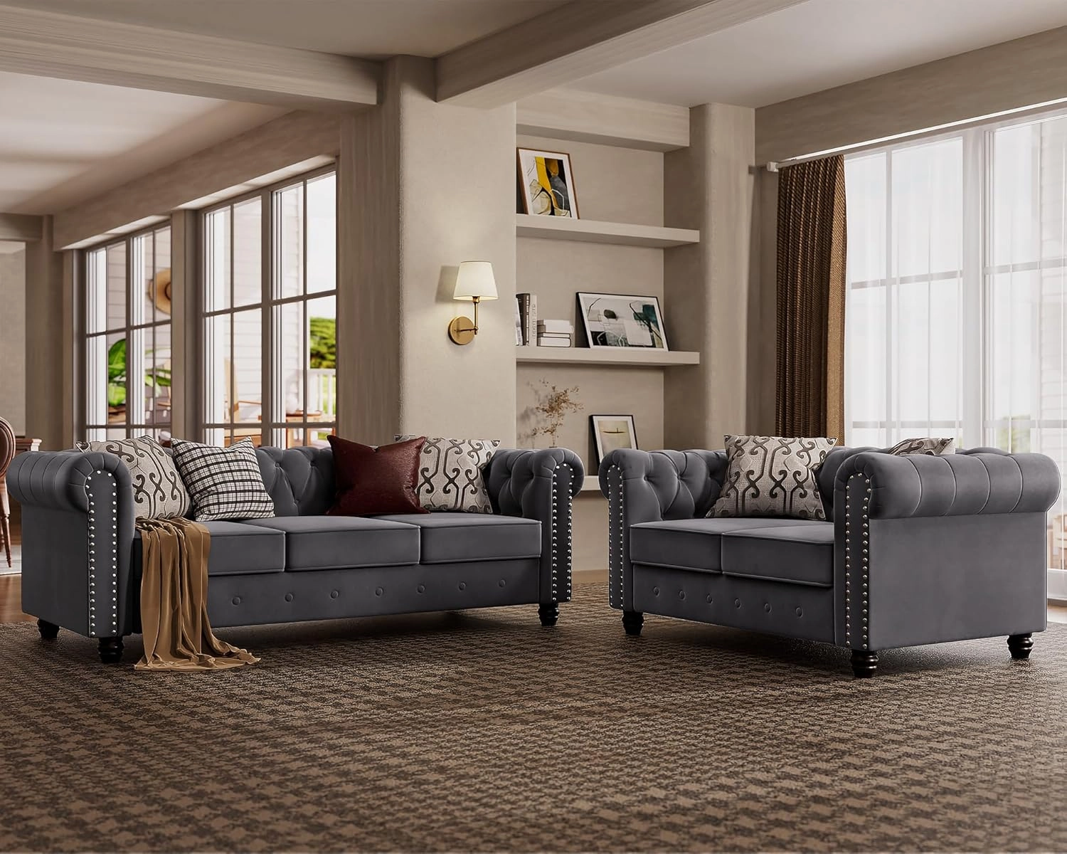 Morden Fort Classic Chesterfield Sofa Set 82'', Tufted Sofa Couch Set with Solid Wood Legs Thick Cushion, Pet-Friendly 3-Seater Sofas Couches for Living Room Bedroom Apartment - Velvet Grey