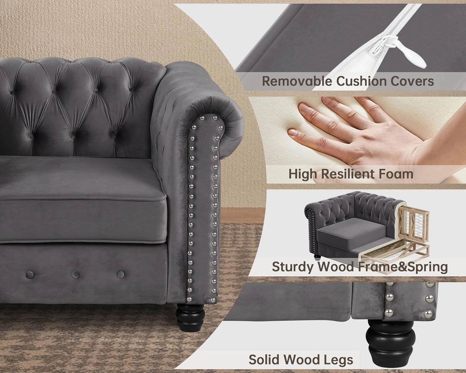 Morden Fort Classic Chesterfield Sofa Set 82'', Tufted Sofa Couch Set with Solid Wood Legs Thick Cushion, Pet-Friendly 3-Seater Sofas Couches for Living Room Bedroom Apartment - Velvet Grey