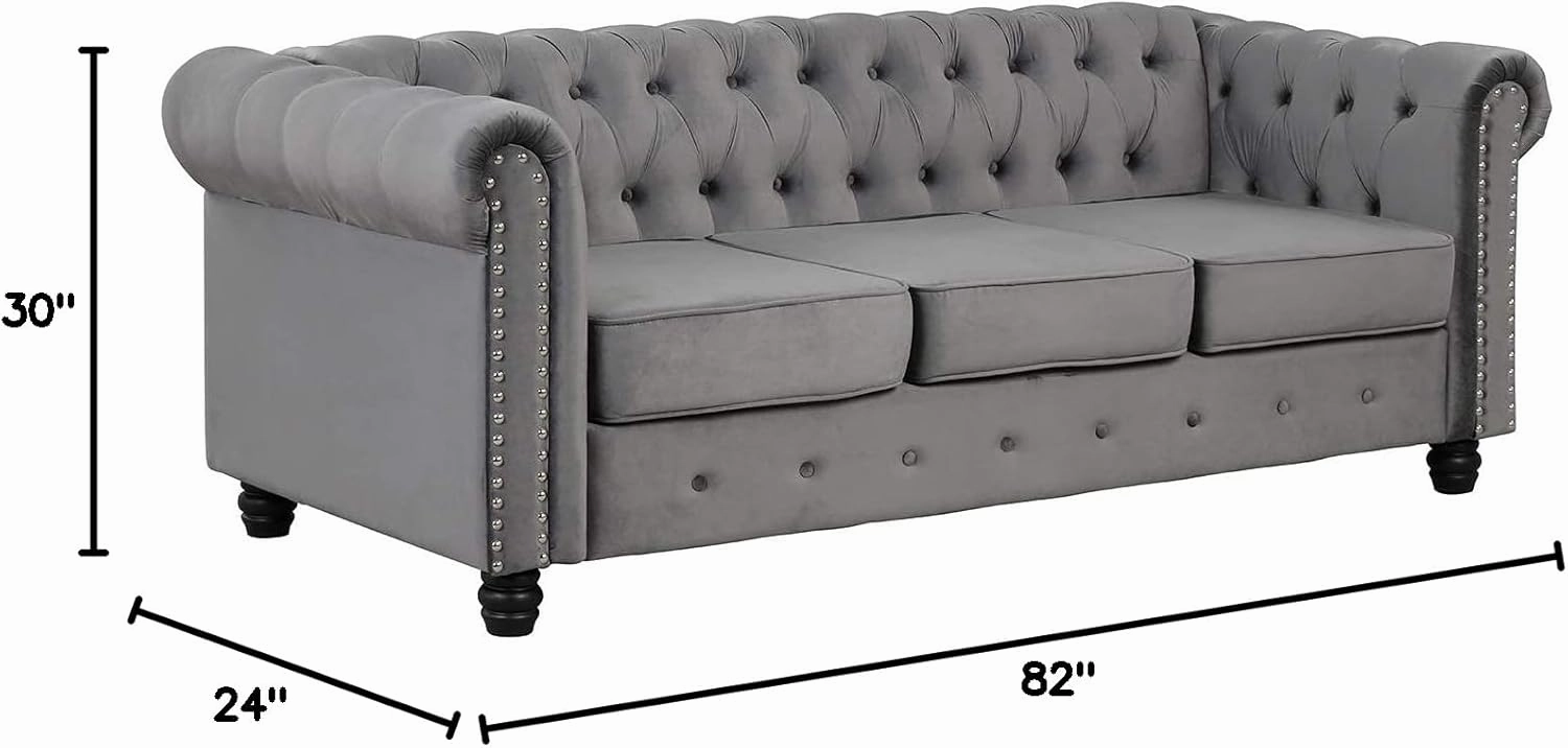 Morden Fort Classic Chesterfield Sofa Set 82'', Tufted Sofa Couch Set with Solid Wood Legs Thick Cushion, Pet-Friendly 3-Seater Sofas Couches for Living Room Bedroom Apartment - Velvet Grey