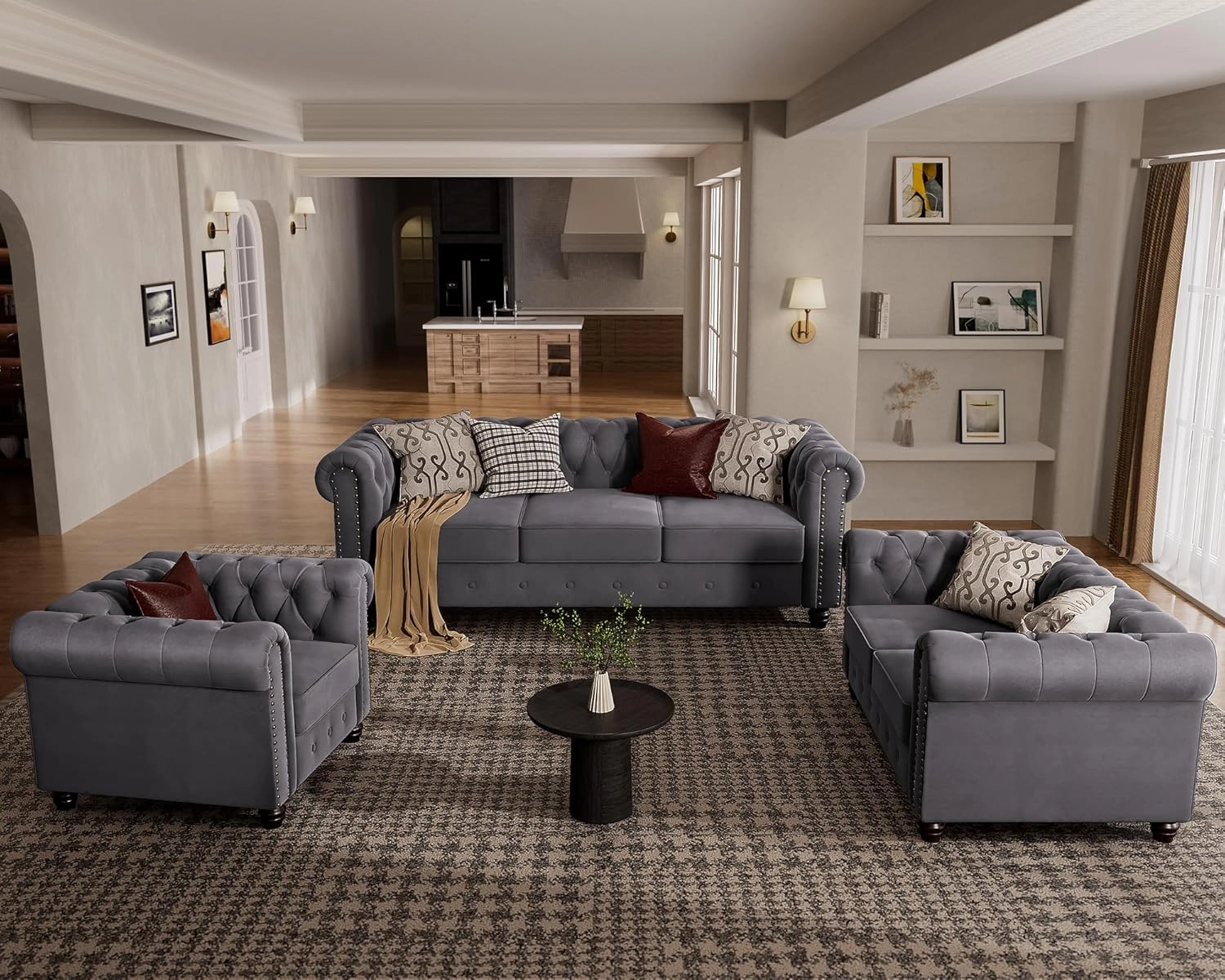 Morden Fort Classic Chesterfield Sofa Set 82'', Tufted Sofa Couch Set with Solid Wood Legs Thick Cushion, Pet-Friendly 3-Seater Sofas Couches for Living Room Bedroom Apartment - Velvet Grey