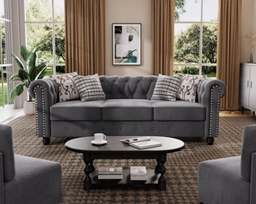 Morden Fort Classic Chesterfield Sofa Set 82'', Tufted Sofa Couch Set with Solid Wood Legs Thick Cushion, Pet-Friendly 3-Seater Sofas Couches for Living Room Bedroom Apartment - Velvet Grey