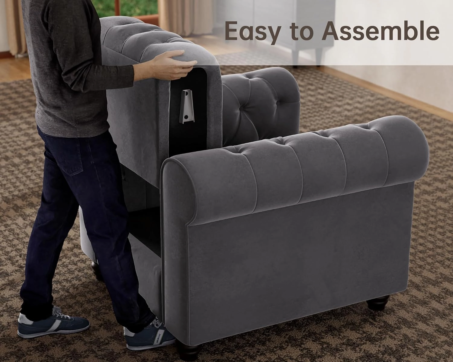 Morden Fort Classic Chesterfield Sofa Set 82'', Tufted Sofa Couch Set with Solid Wood Legs Thick Cushion, Pet-Friendly 3-Seater Sofas Couches for Living Room Bedroom Apartment - Velvet Grey