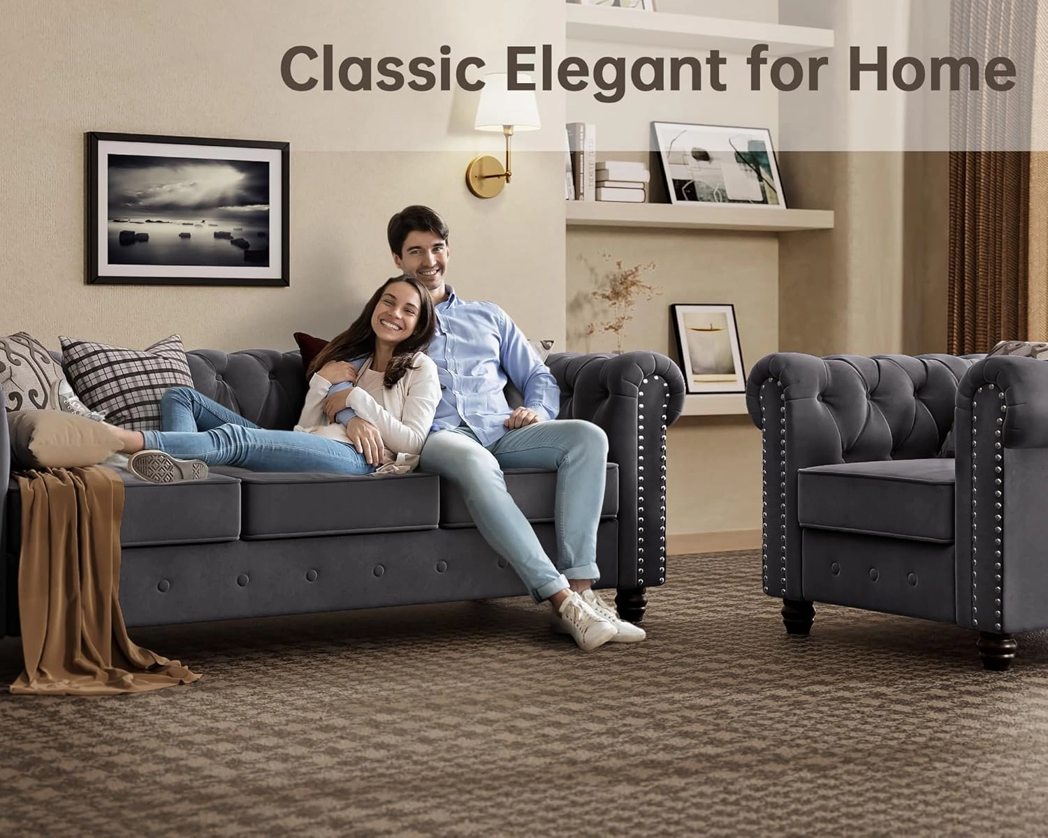 Morden Fort Classic Chesterfield Sofa Set 82'', Tufted Sofa Couch Set with Solid Wood Legs Thick Cushion, Pet-Friendly 3-Seater Sofas Couches for Living Room Bedroom Apartment - Velvet Grey