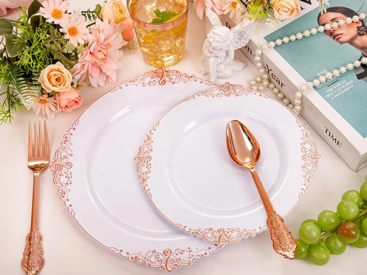 Morejoy 175PCS Rose Gold & Silver Plastic Dinnerware Set: 25 Plates, 25 Forks, 25 Knives, 25 Spoons, 25 Cups, 25 Napkins - Perfect for Wedding & Party