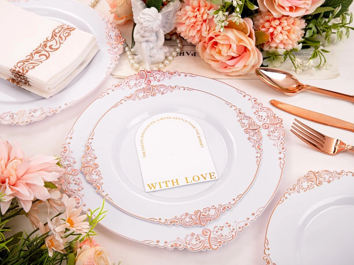 Morejoy 175PCS Rose Gold & Silver Plastic Dinnerware Set: 25 Plates, 25 Forks, 25 Knives, 25 Spoons, 25 Cups, 25 Napkins - Perfect for Wedding & Party