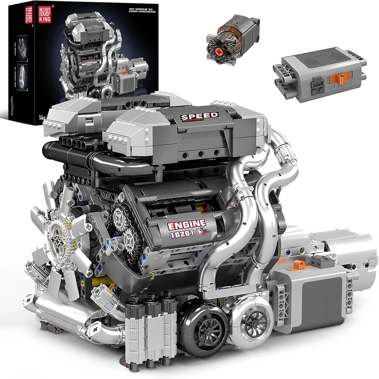 Mould King 10201 W16 Engine Model Kit, MOC Bug Supercar Engine Model with Battery and Motor, Collectable 16-Cylinder Car Engine Transmission, Shiftable Gear Operation for Kids/Adults (2024  PCS)