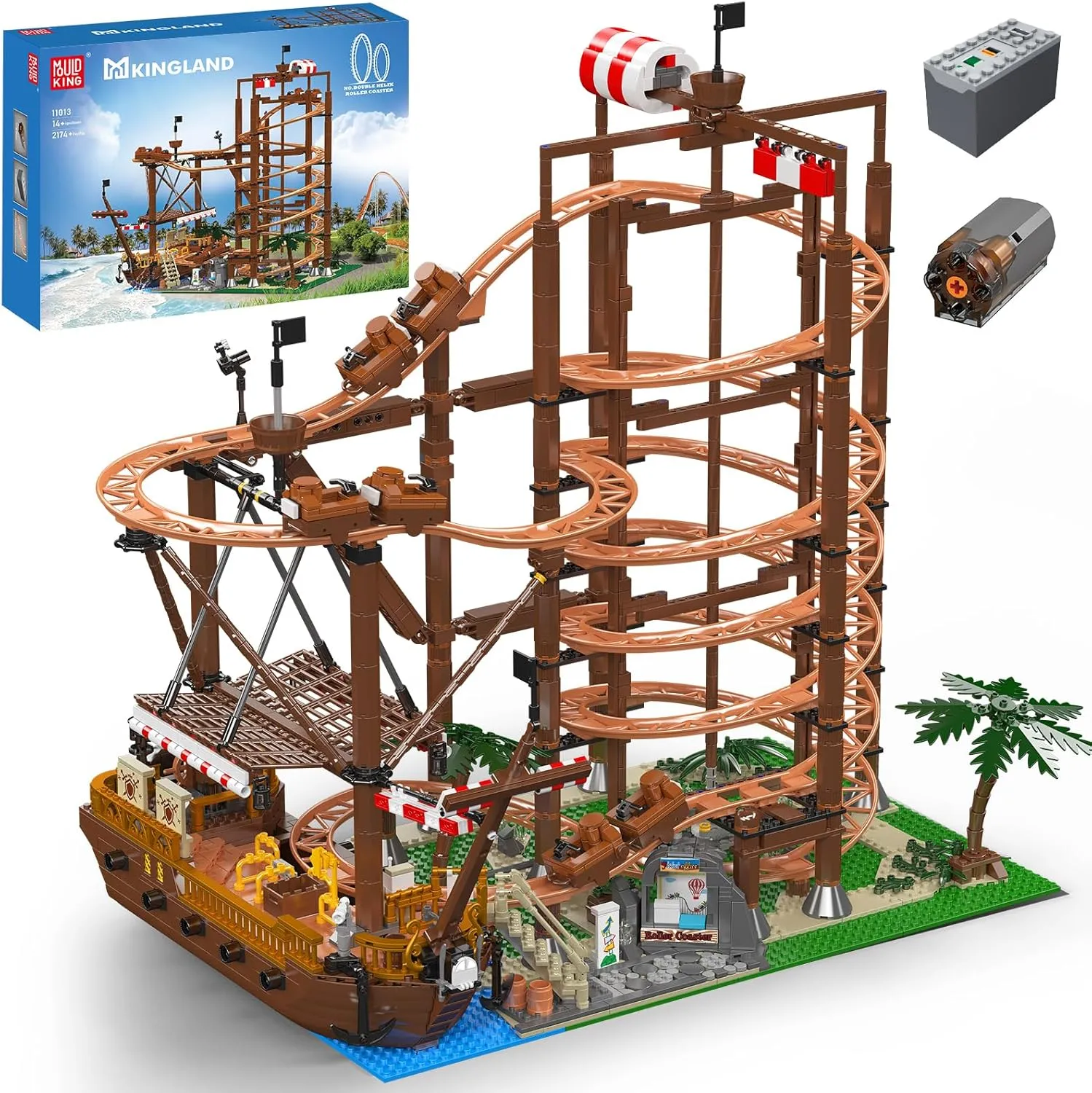 Mould King Double Helix Roller Coaster Building Set, Electrical Amusement Park Funfair Theme Track Rollercoaster with Pirate Ship, Construction Toy Building Kit Gift for Kids/Adult-2174  Pieces
