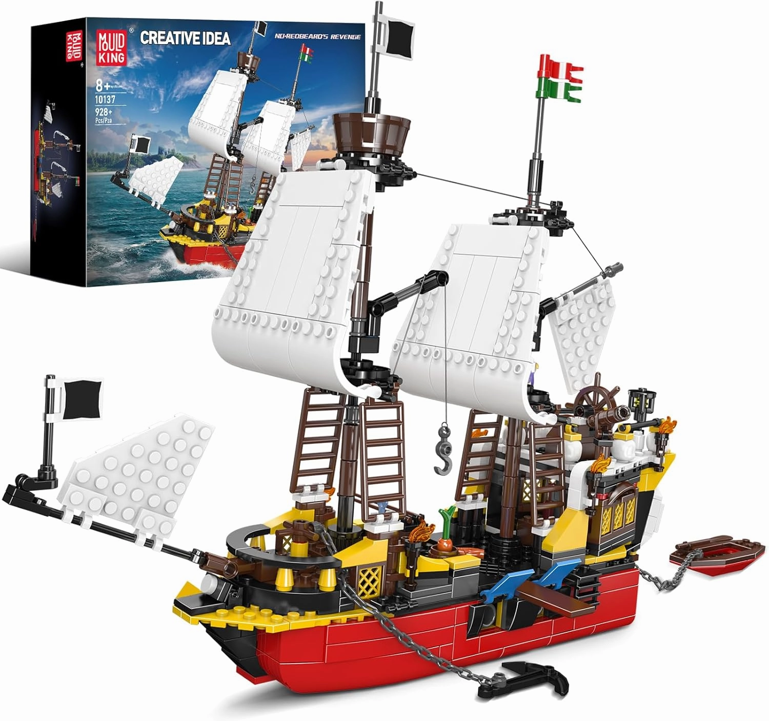Mould King 10137 Pirates Ship Model Building Blocks Kits, MOC Redbeard's Revenge Sailboat Model Construction Set to Build, Gift for Kids Age 8 /Adults Collections Enthusiasts (928  Pieces)