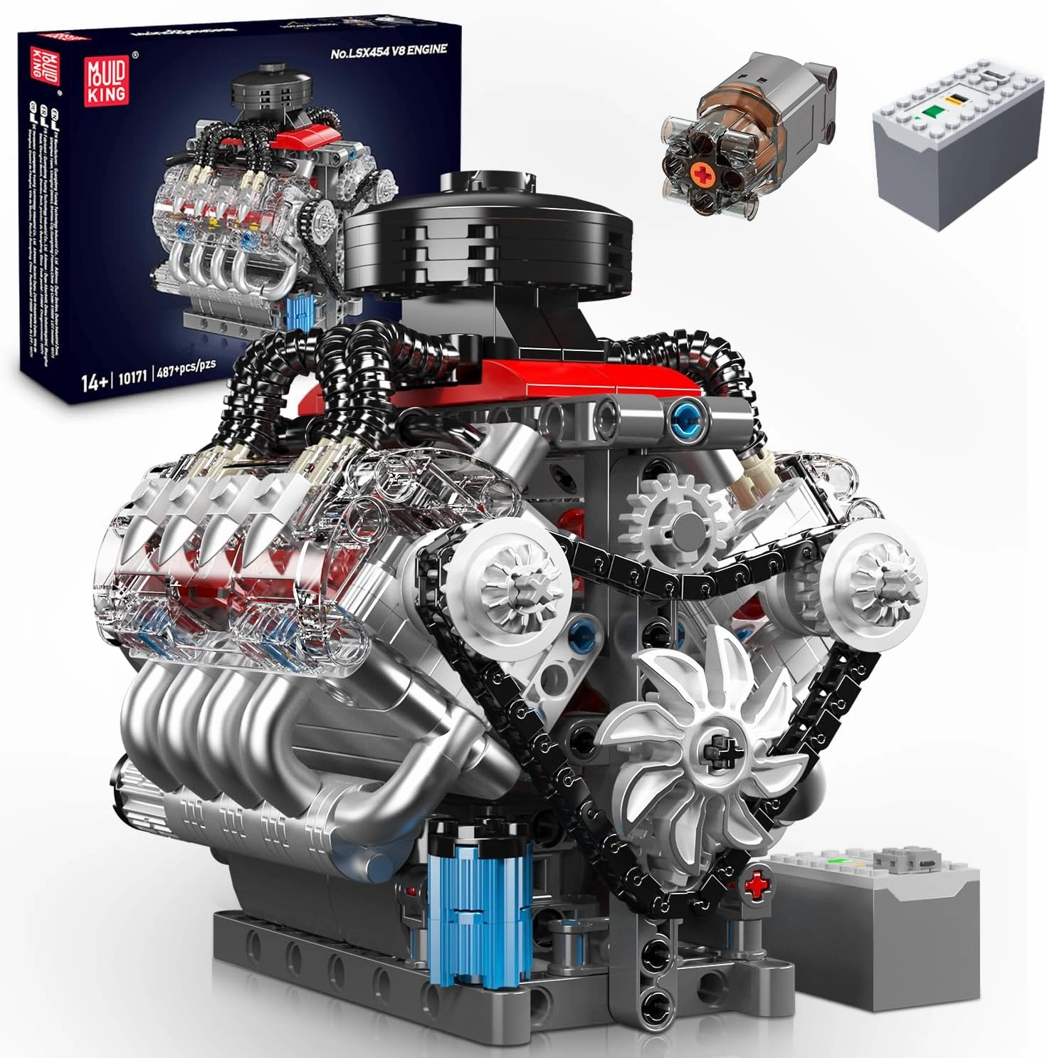 Mould King 10171 V8 Engine Building Blocks Sets - 487  PCS STEM Building Toys with Motor - Build Your Own Engine Model Building Kits - Mini V8 Engine Building Kits That Runs for Kids & Adult Age 8 