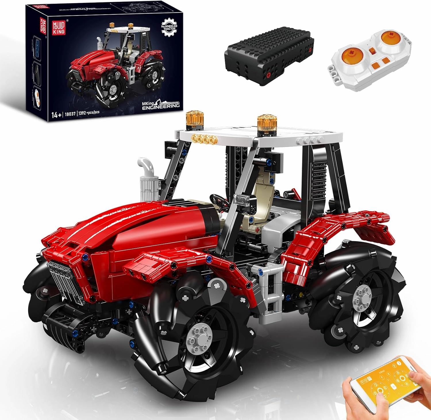 Mould King 18037 Wheeled Tractor Building Block Kits, 360° Fully Movable Red Farm Tractor with Remote Control, Gift for Kids Age 8 /Adult Collections Enthusiasts (1392  PCS)
