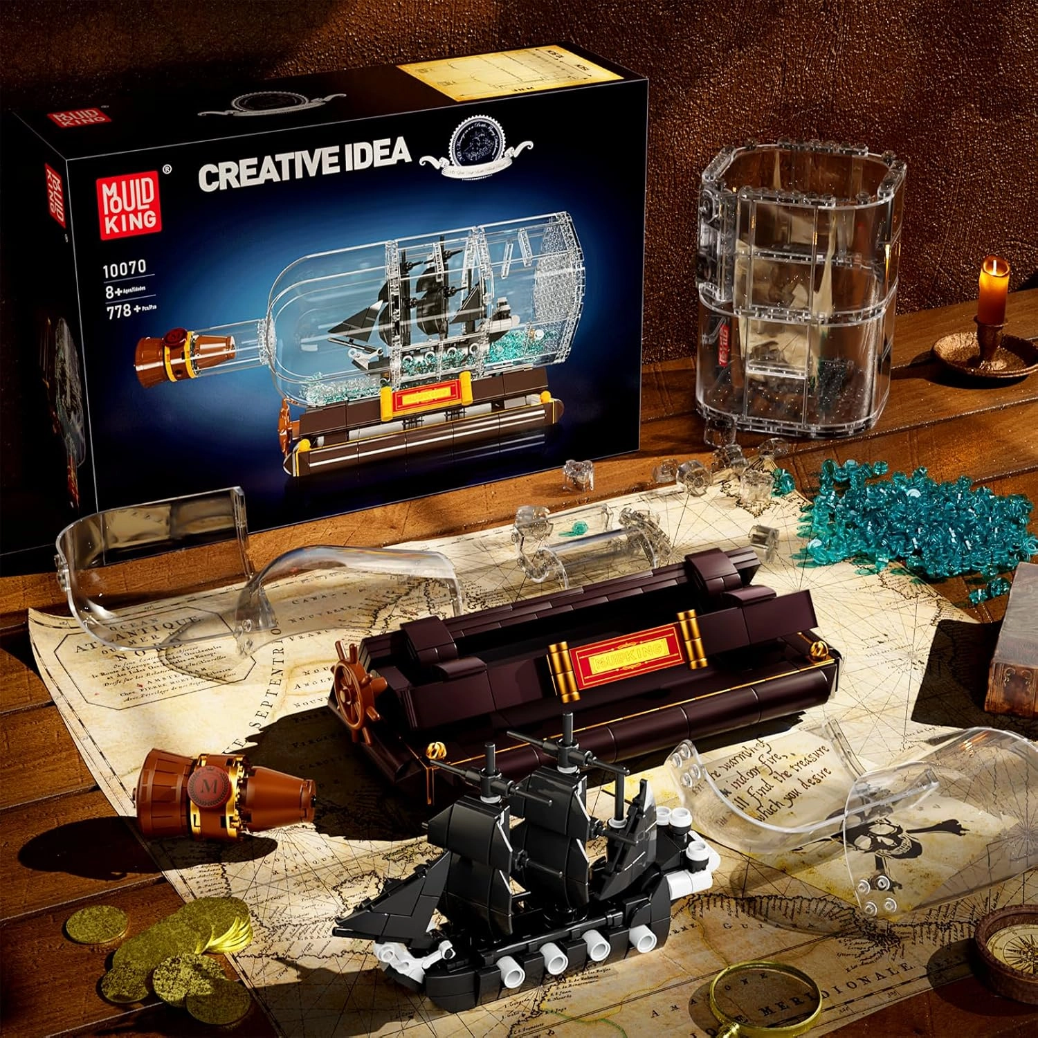 Mould King Ship in a Bottle Toy Building Sets, Black Pirate Ship in a Bottle Kit, Collectible Display Boat Model Set, STEM Project for Adults and Boys Kids Aged 8  (778 Pieces) 10070