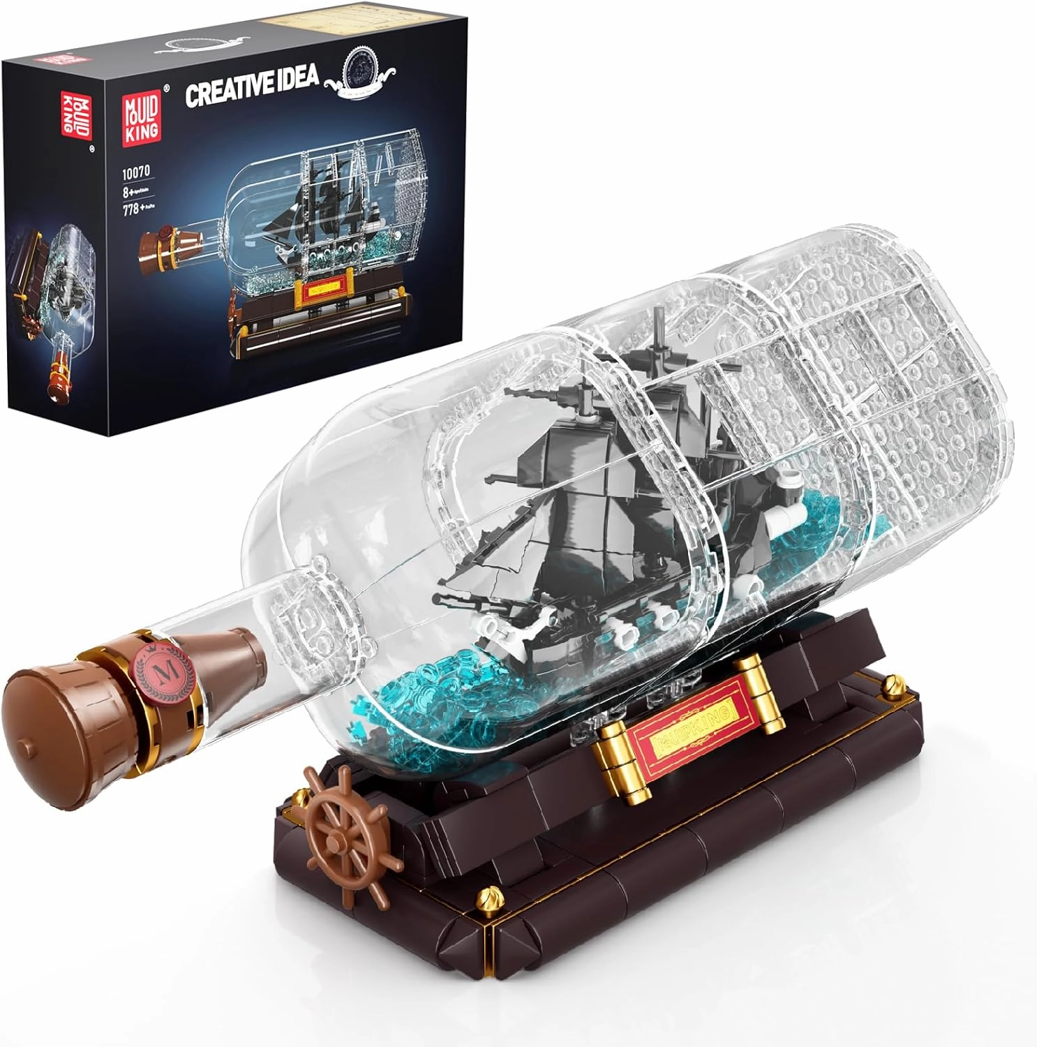 Mould King Ship in a Bottle Toy Building Sets, Black Pirate Ship in a Bottle Kit, Collectible Display Boat Model Set, STEM Project for Adults and Boys Kids Aged 8  (778 Pieces) 10070