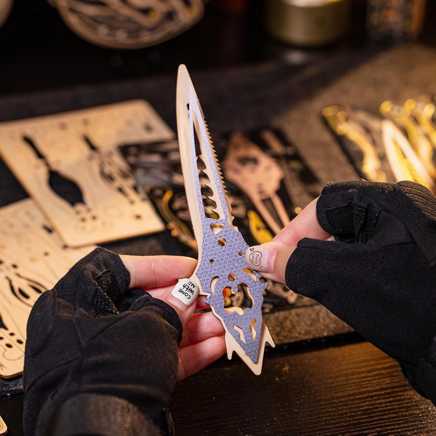 MU 3D Wooden Knife Puzzle DIY Wood Assembled Knife Model Metal Puzzles for Adults, Military Model Wooden Swords Guns Model Kits Building DIY Set, Mechanicals Wooden Toys Gift to Father Brother Purple