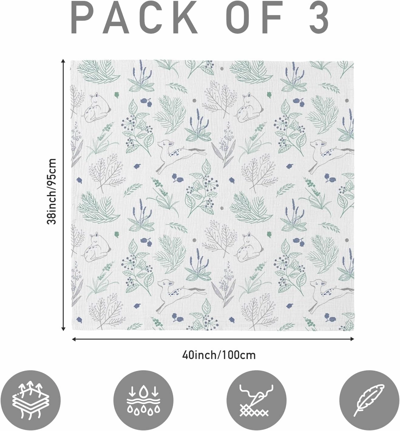 Muslin Swaddle Blankets for Newborn, 3 Pack Breathable Soft Receiving Blanket, Large 38 x 40 inches Swaddle Wrap Burping Clothes Diapers, Essentials Infant Shower Items, Toddler Gift (Fawn & Leaves)