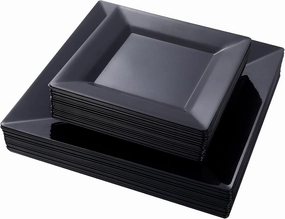 N9R 60 Pack Black Square Plastic Plates (9.5'' Dinner, 6.5'' Dessert/Salad) - Classic, Disposable, BPA Free, Reusable & Recyclable - Great for Parties & Weddings