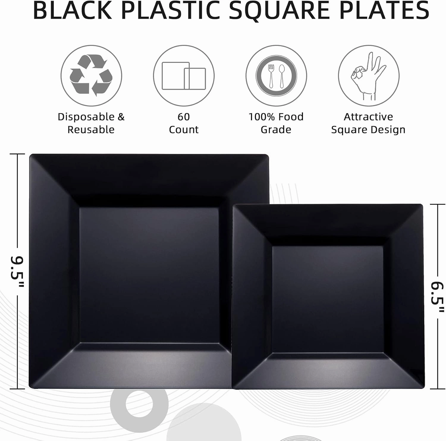 N9R 60 Pack Black Square Plastic Plates (9.5'' Dinner, 6.5'' Dessert/Salad) - Classic, Disposable, BPA Free, Reusable & Recyclable - Great for Parties & Weddings