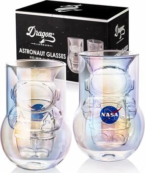 NASA Astronaut Glasses - 7 oz Set of 2 Double Wall Iridescent Drinkware with NASA symbol and Artemis Patch - Unique Glassware for Space Enthusiasts - Keeps Drinks Cold Longer