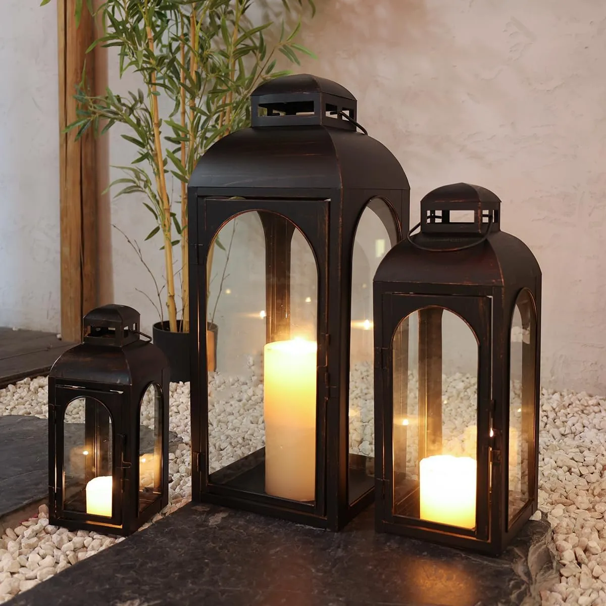 NEEDOMO Lanterns Decorative Indoor&Outdoor,Set of 3 Outdoor Lanterns for Porch, 26" Metal Frame Candle Holders with Glass, Fall, Christmas