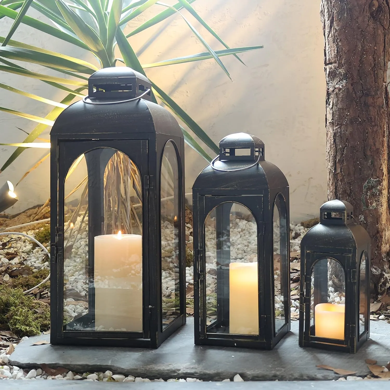 NEEDOMO Lanterns Decorative Indoor&Outdoor,Set of 3 Outdoor Lanterns for Porch, 26" Metal Frame Candle Holders with Glass, Fall, Christmas