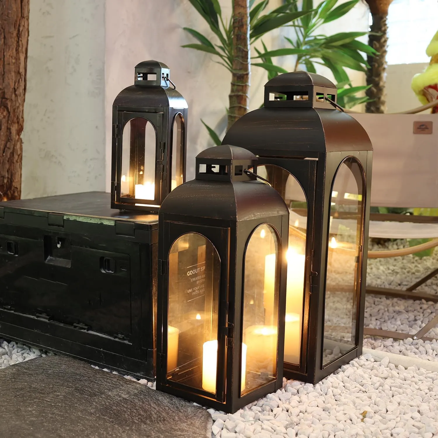 NEEDOMO Lanterns Decorative Indoor&Outdoor,Set of 3 Outdoor Lanterns for Porch, 26" Metal Frame Candle Holders with Glass, Fall, Christmas