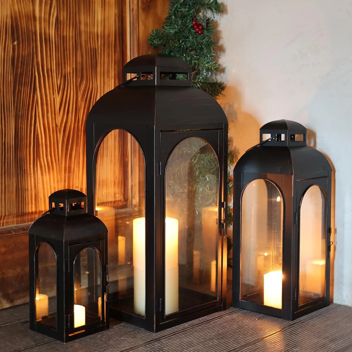 NEEDOMO Lanterns Decorative Indoor&Outdoor,Set of 3 Outdoor Lanterns for Porch, 26" Metal Frame Candle Holders with Glass, Fall, Christmas
