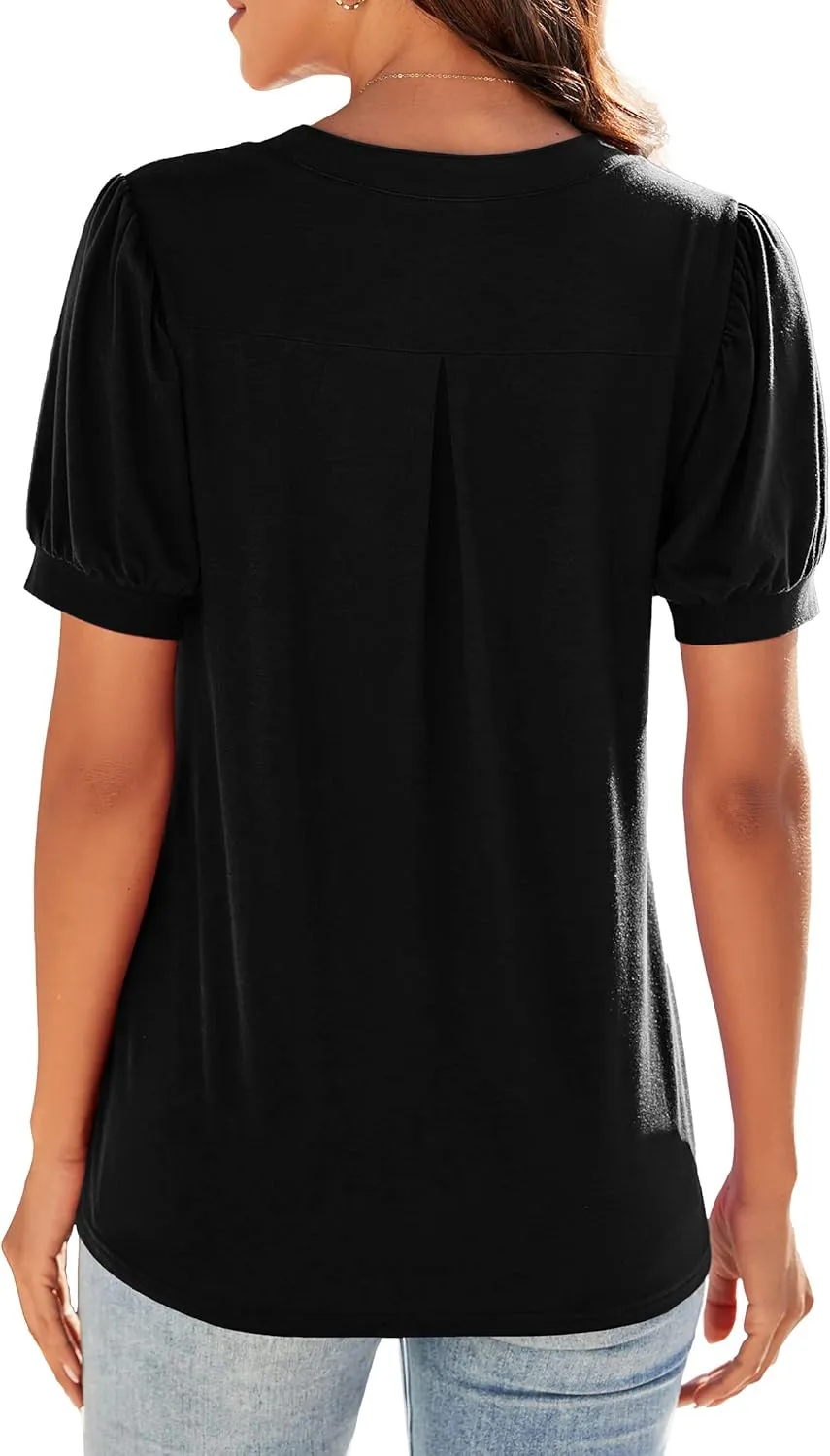 Neineiwu Women Dressy Casual V-Neck T-Shirts Loose Puff Short-Sleeve Tops Tunic Blouse