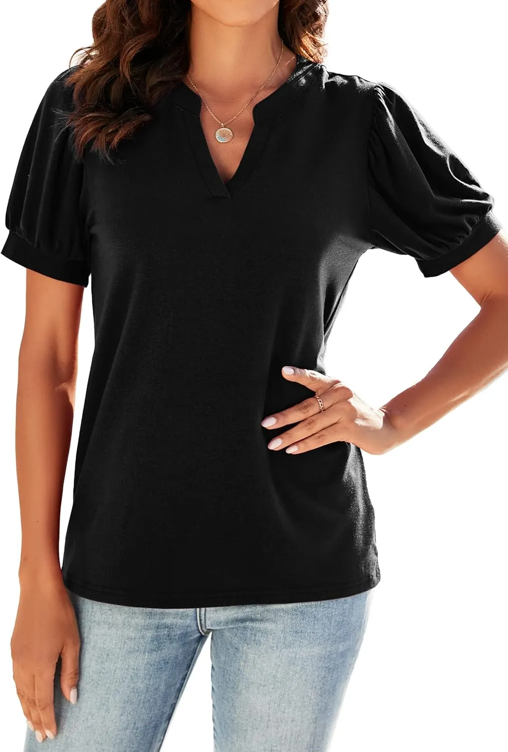 Neineiwu Women Dressy Casual V-Neck T-Shirts Loose Puff Short-Sleeve Tops Tunic Blouse