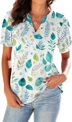 Neineiwu Women Dressy Casual V-Neck T-Shirts Loose Puff Short-Sleeve Tops Tunic Blouse