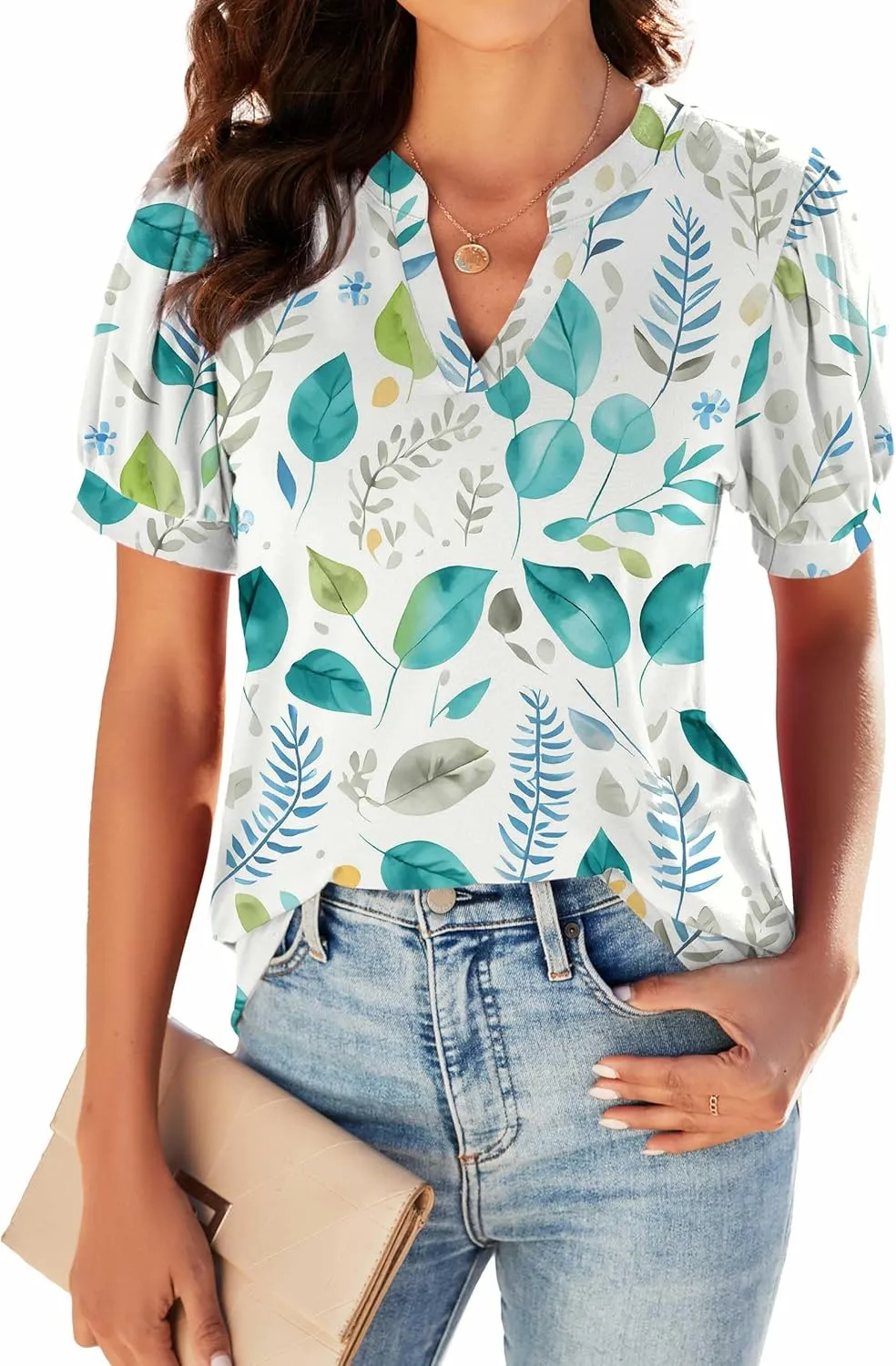 Neineiwu Women Dressy Casual V-Neck T-Shirts Loose Puff Short-Sleeve Tops Tunic Blouse
