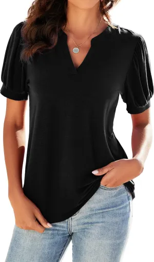 Neineiwu Women Dressy Casual V-Neck T-Shirts Loose Puff Short-Sleeve Tops Tunic Blouse
