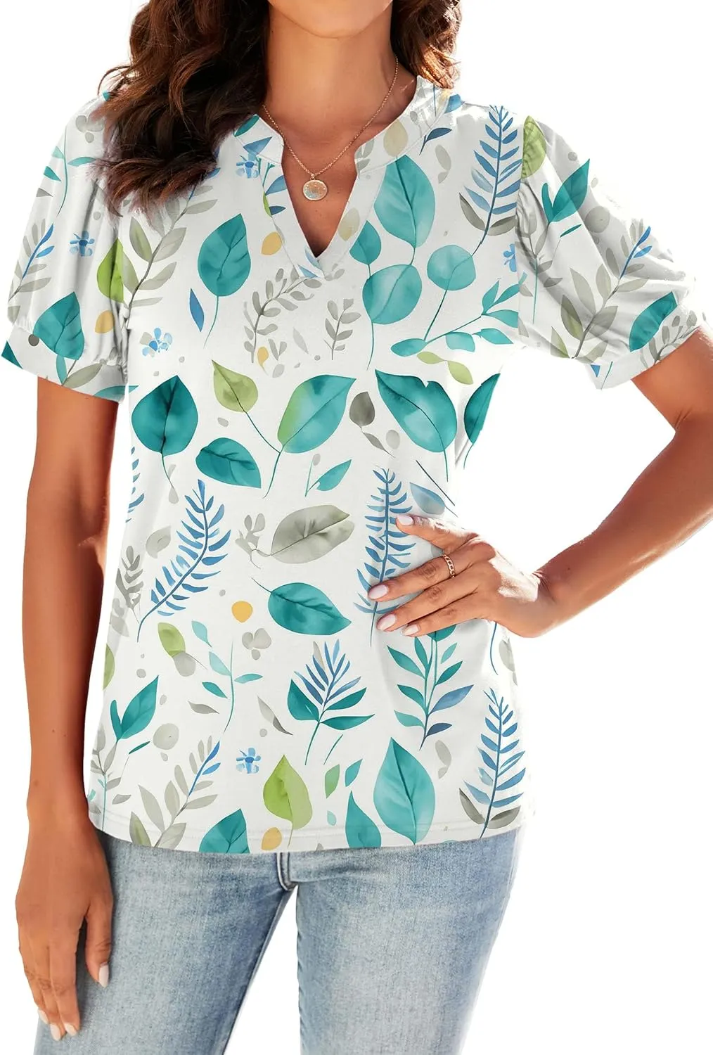 Neineiwu Women Dressy Casual V-Neck T-Shirts Loose Puff Short-Sleeve Tops Tunic Blouse