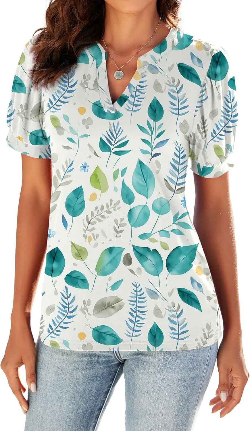 Neineiwu Women Dressy Casual V-Neck T-Shirts Loose Puff Short-Sleeve Tops Tunic Blouse