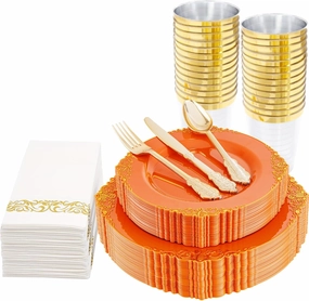 Nervure 175PCS Orange Plastic Plates - Orange and Gold Disposable Plates for 25 Guests Include 50Plates, 25Cups, 25Forks, 25Knives, 25Spoons, 25Napkins for Wedding & Party