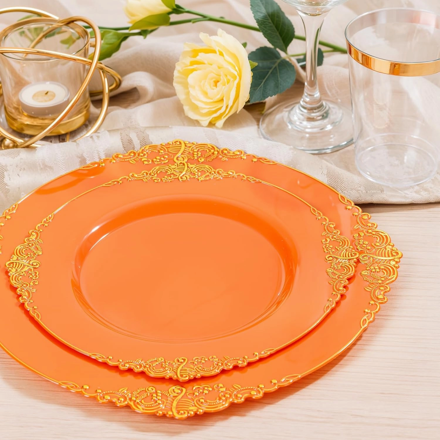 Nervure 175PCS Orange Plastic Plates - Orange and Gold Disposable Plates for 25 Guests Include 50Plates, 25Cups, 25Forks, 25Knives, 25Spoons, 25Napkins for Wedding & Party