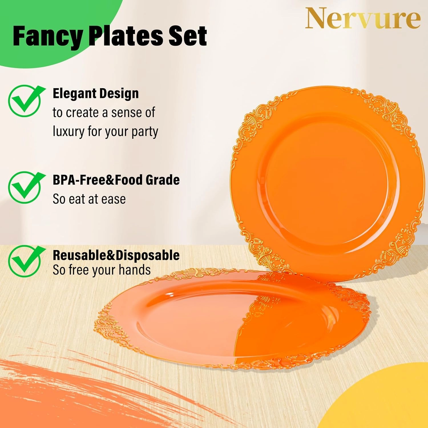 Nervure 175PCS Orange Plastic Plates - Orange and Gold Disposable Plates for 25 Guests Include 50Plates, 25Cups, 25Forks, 25Knives, 25Spoons, 25Napkins for Wedding & Party