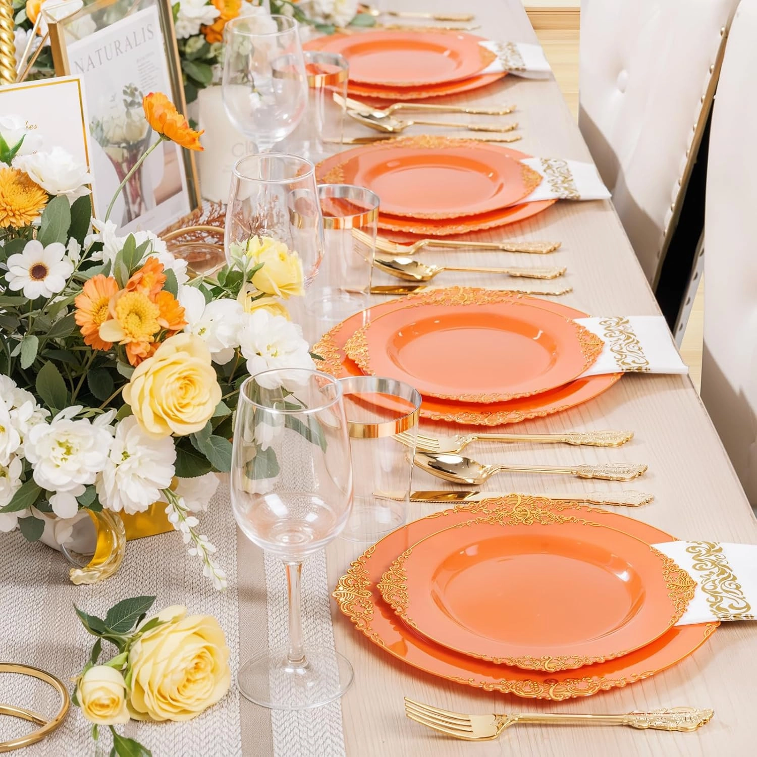 Nervure 175PCS Orange Plastic Plates - Orange and Gold Disposable Plates for 25 Guests Include 50Plates, 25Cups, 25Forks, 25Knives, 25Spoons, 25Napkins for Wedding & Party