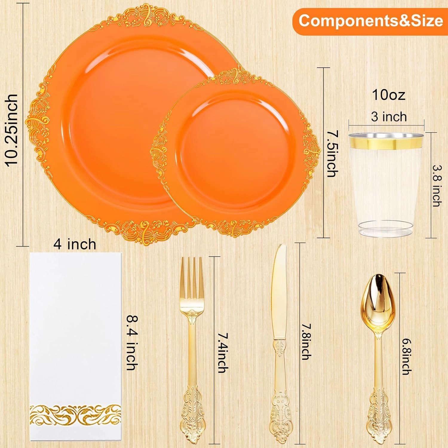 Nervure 175PCS Orange Plastic Plates - Orange and Gold Disposable Plates for 25 Guests Include 50Plates, 25Cups, 25Forks, 25Knives, 25Spoons, 25Napkins for Wedding & Party