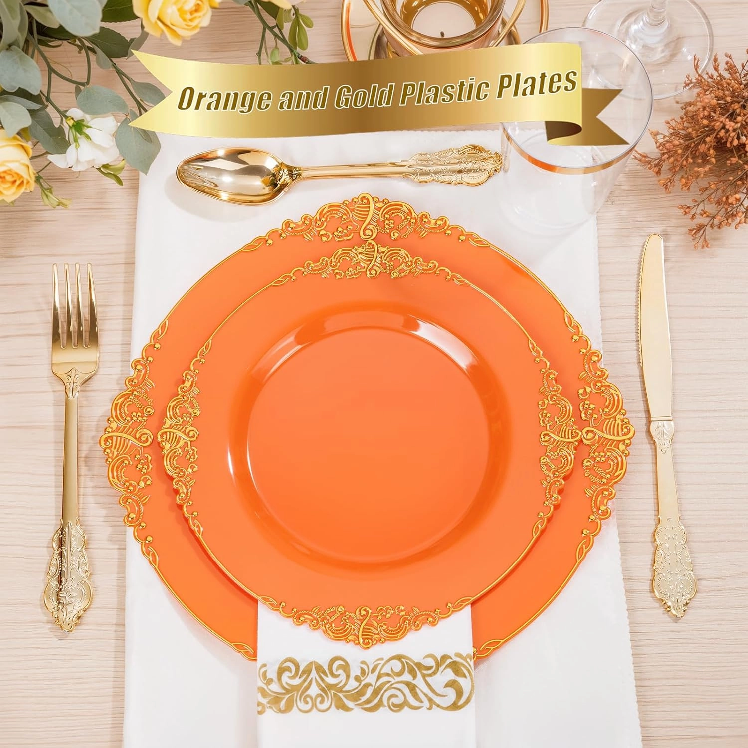 Nervure 175PCS Orange Plastic Plates - Orange and Gold Disposable Plates for 25 Guests Include 50Plates, 25Cups, 25Forks, 25Knives, 25Spoons, 25Napkins for Wedding & Party