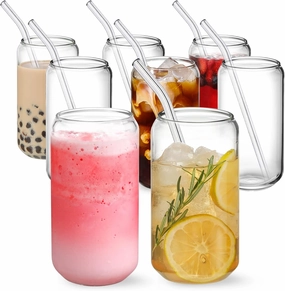 NETANY [ 8pcs Set ] Drinking Glasses with Glass Straw - 16oz Glass Cups, Beer Glasses, Iced Coffee Glasses, Cute Tumbler Cup, Ideal for Whiskey, Soda, Tea, Water, Gift - 2 Cleaning Brushes