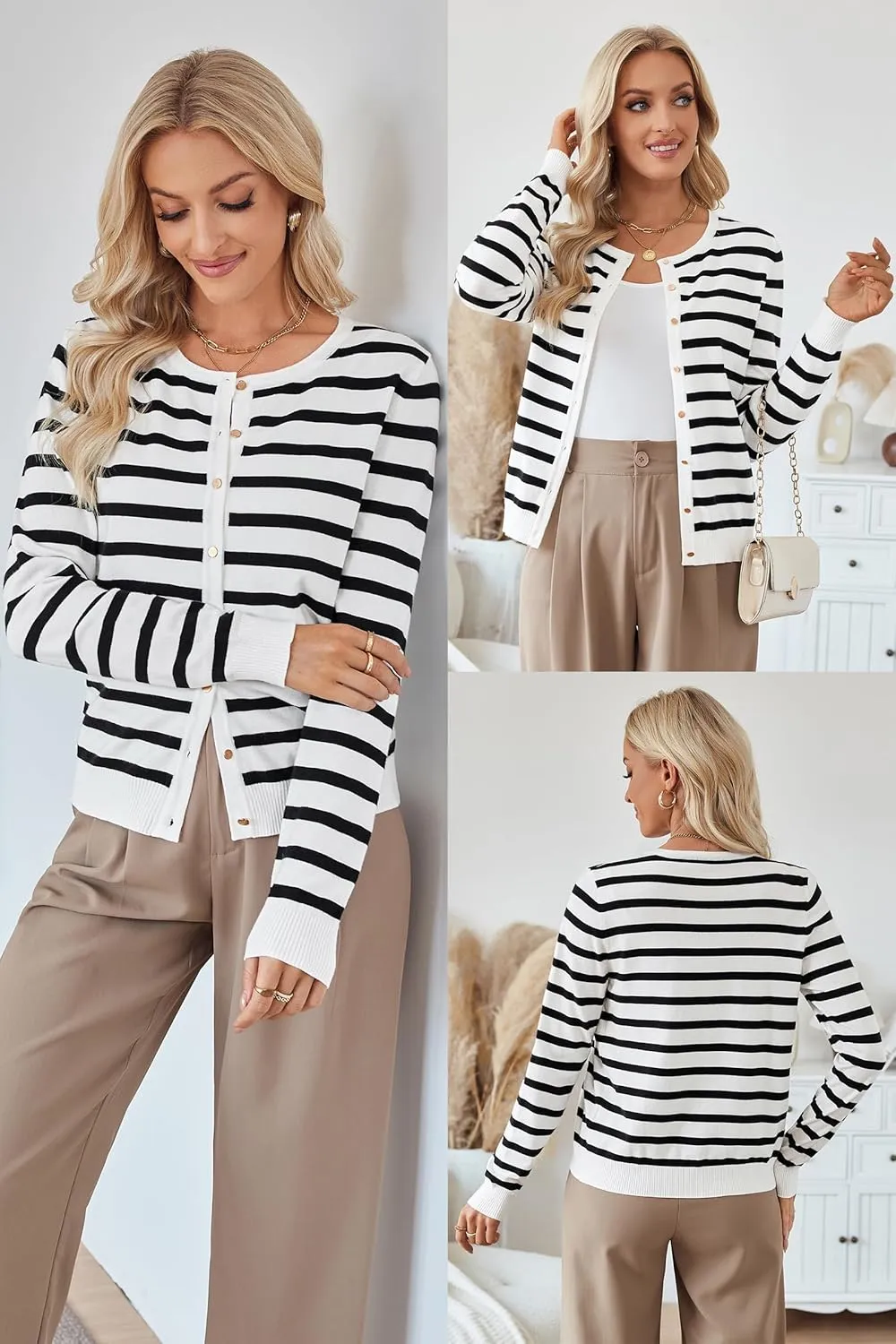 Newshows Women's Lightweight Button Down Cardigan Long Sleeve Casual Crew Neck Soft Knit Cardigans Sweater Tops