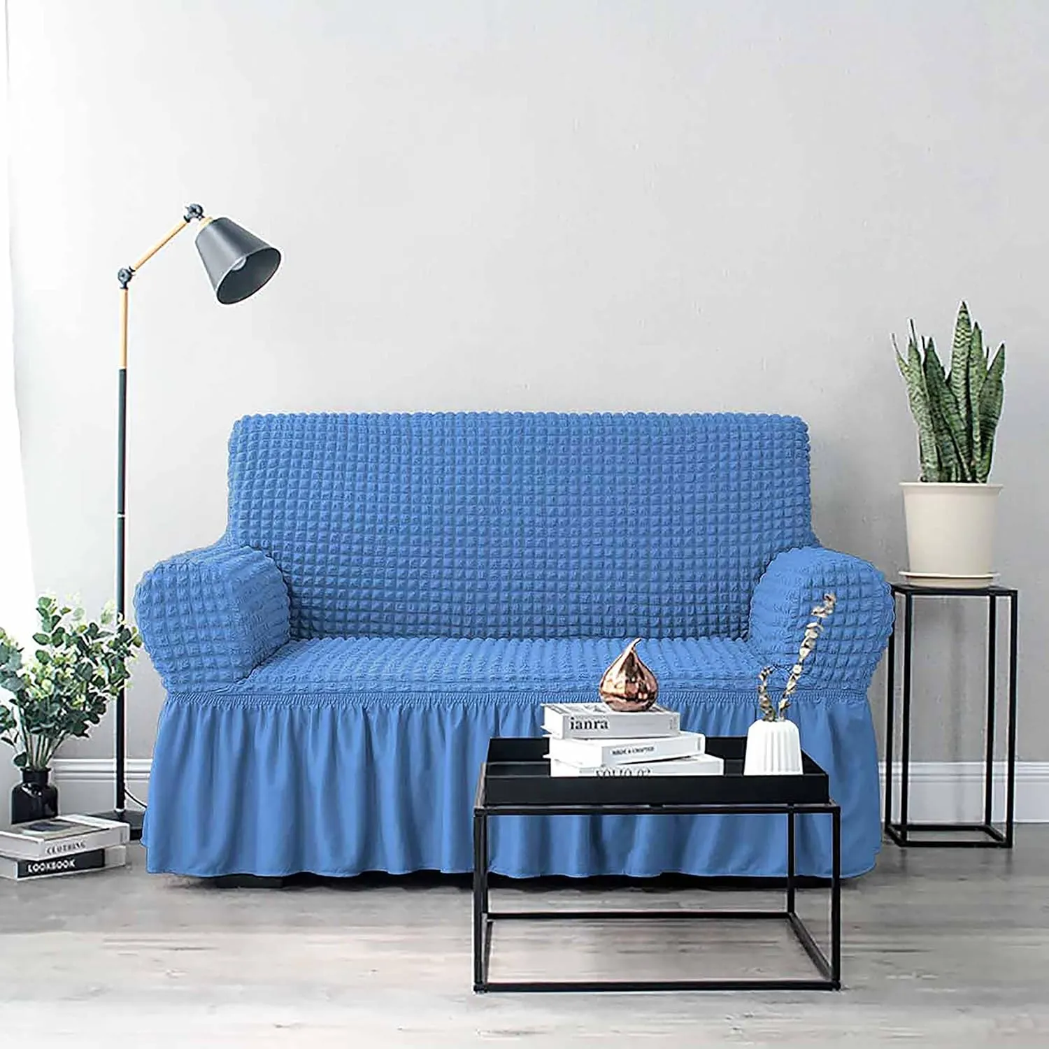 NICEEC Sofa Slipcover Blue Sofa Cover 1 Piece Easy Fitted Sofa Couch Covers Universal High Stretch Durable Furniture Protector with Skirt Country Style (3 Seater Classic Blue)