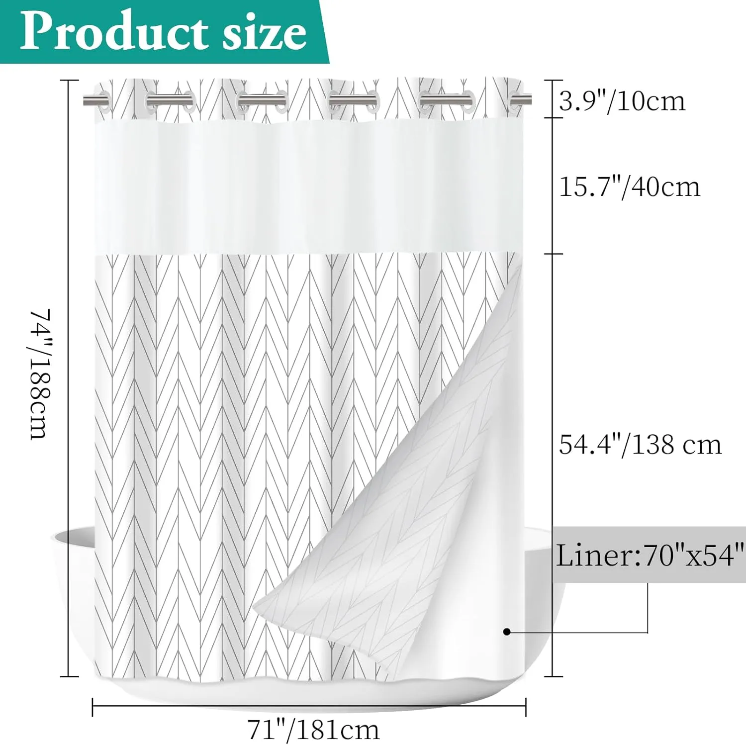 No Hook Geometric Striped Shower Curtain with Snap in Fabric Liner Set - Hotel Shower Curtain and Liner Set with See Through Mesh Top Window,Machine Washable, 71x74 INCH- Grey & White Chevron