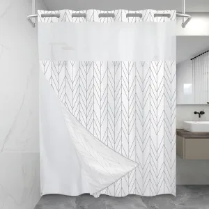 No Hook Geometric Striped Shower Curtain with Snap in Fabric Liner Set - Hotel Shower Curtain and Liner Set with See Through Mesh Top Window,Machine Washable, 71x74 INCH- Grey & White Chevron