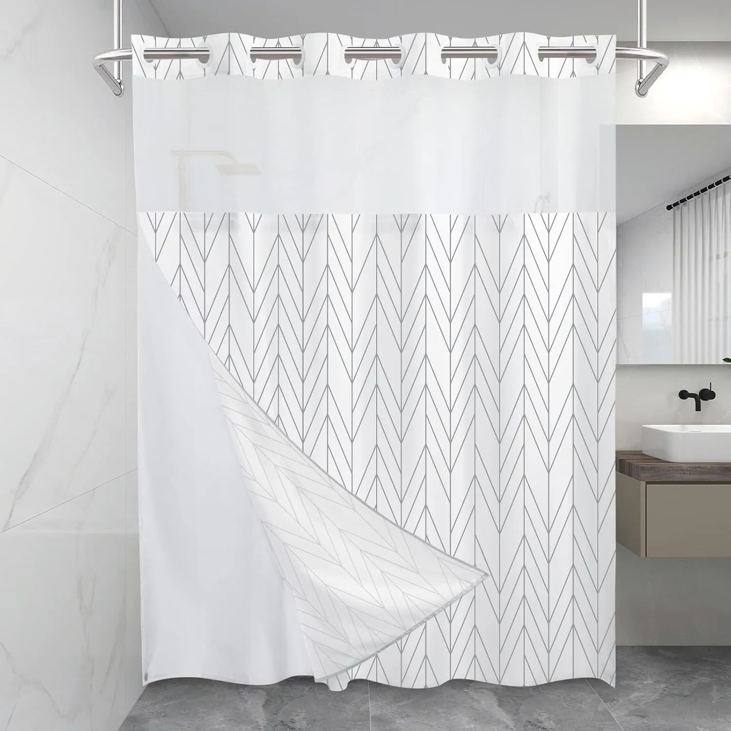 No Hook Geometric Striped Shower Curtain with Snap in Fabric Liner Set - Hotel Shower Curtain and Liner Set with See Through Mesh Top Window,Machine Washable, 71x74 INCH- Grey & White Chevron