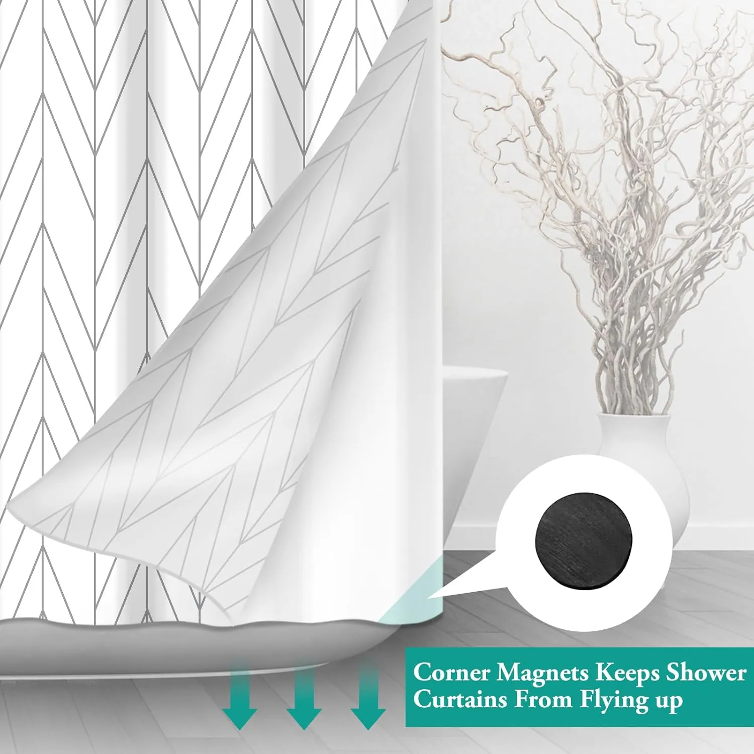 No Hook Geometric Striped Shower Curtain with Snap in Fabric Liner Set - Hotel Shower Curtain and Liner Set with See Through Mesh Top Window,Machine Washable, 71x74 INCH- Grey & White Chevron