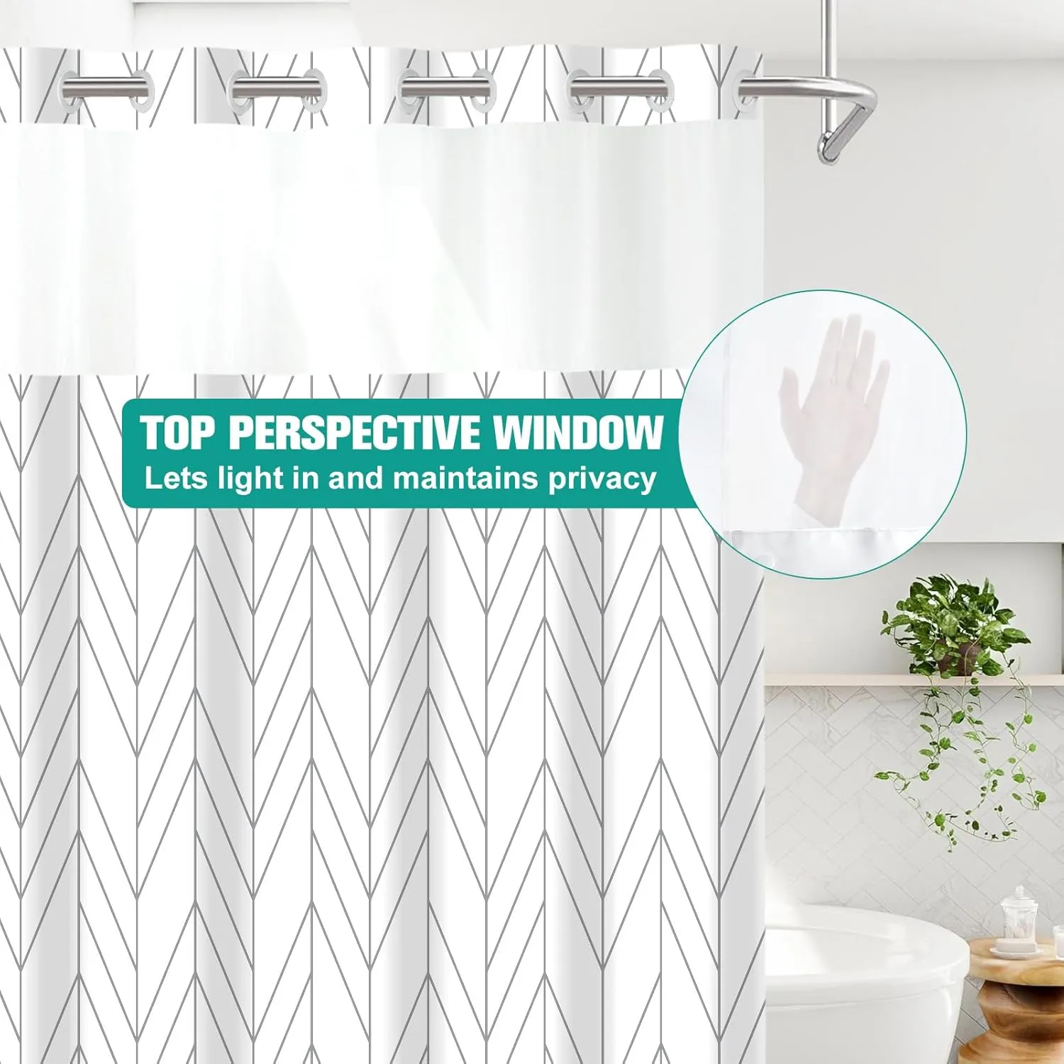 No Hook Geometric Striped Shower Curtain with Snap in Fabric Liner Set - Hotel Shower Curtain and Liner Set with See Through Mesh Top Window,Machine Washable, 71x74 INCH- Grey & White Chevron
